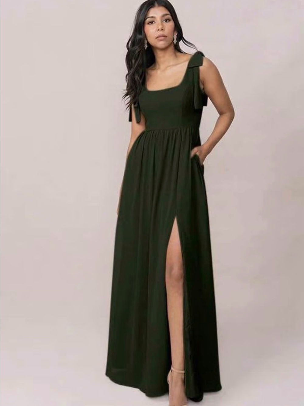 Olive Green Tie-Strap bridesmaid Dress